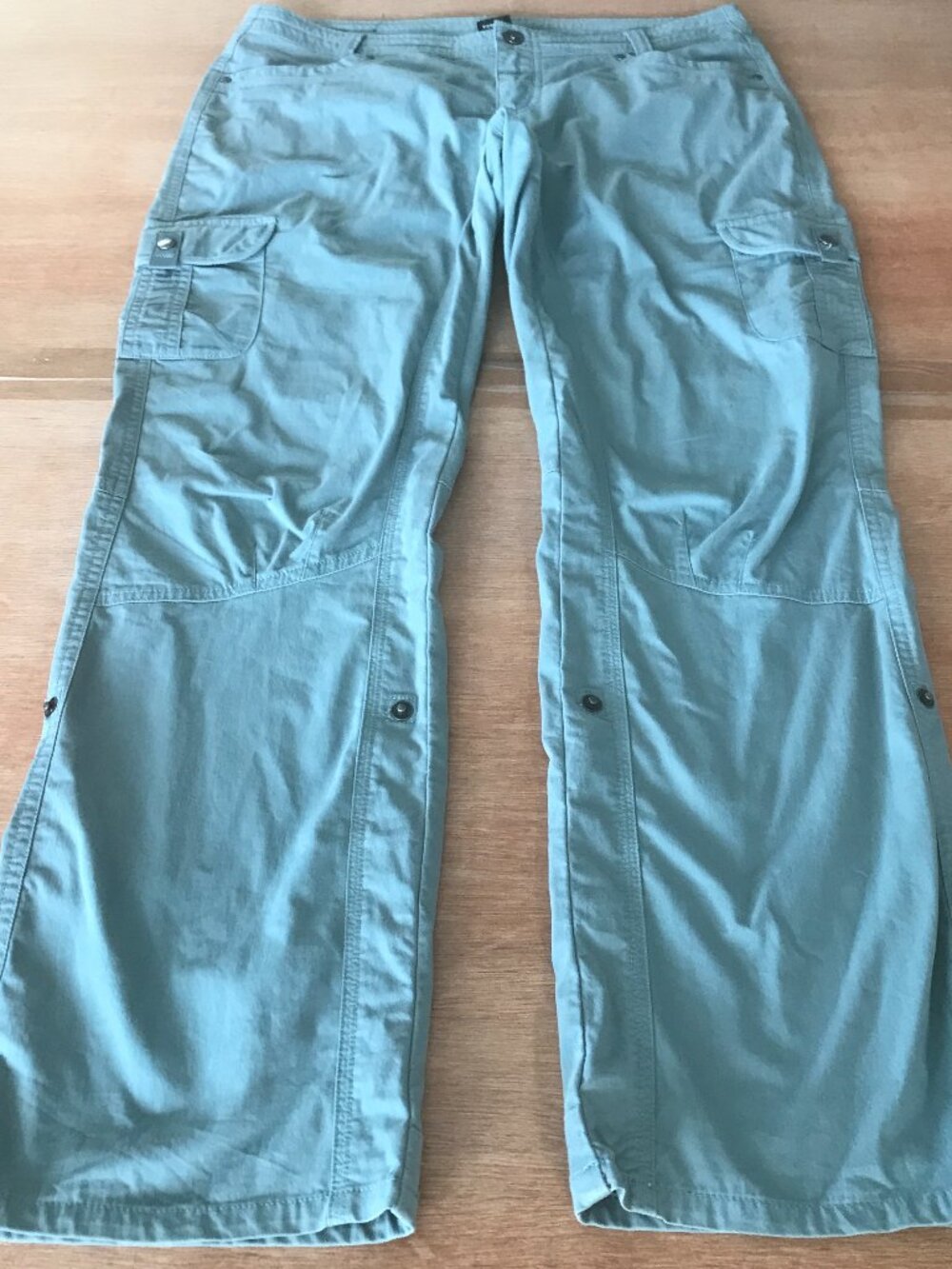 Kuhl Vintage Patina Dye Utility Cargo Pants Women 12 Blue Mid Rise Snap Cuff